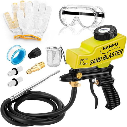 NANPU Light-Duty Air Sandblaster Gun Kit with Siphon & Gravity Feed, Ceramic Nozzle, Metal Body, for Small Project Surface Prep, Paint & Rust Removal, Metal/Wood/Glass Etching, Requires Air Compressor