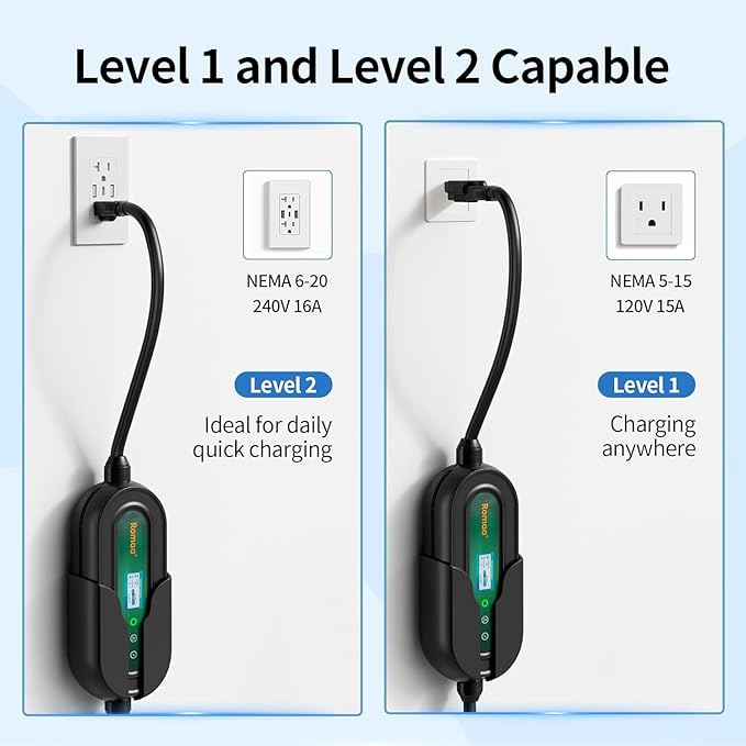 Level 1 and Level 2 Portable EV Charger J1772 16 Amp Charging Cable - Dual Voltage 120V 240V Home EV Charging Station, 3.8 kW, Adjustable 8 to 16A, ETL Listed, FCC Part 15, NEMA Type 4, 25 ft Cable
