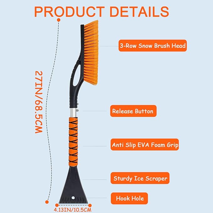 27" Detachable Aluminum Snow Brush & Ice Scraper for Car Windshield - Ergonomic Foam Grip, Suitable for Cars, Trucks, SUV Windshields & Windows, Winter Car Essential Tool