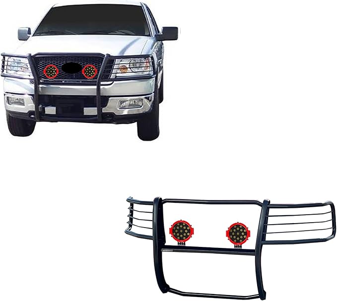 Black Horse Grille brush Bumper Guard Modular Black Come With pair of 7.0"Dia.LED Lights with Red Trim Rings Compatible with 2004-2008 Ford F-150-17FP28MA-PLR