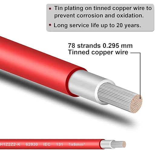 10AWG (6mm²) Tinned Copper PV Extension Cable - Solar Panel Connection Wire for Outdoor RV Marine Automotive Boat (50FT Black + Red Pair)