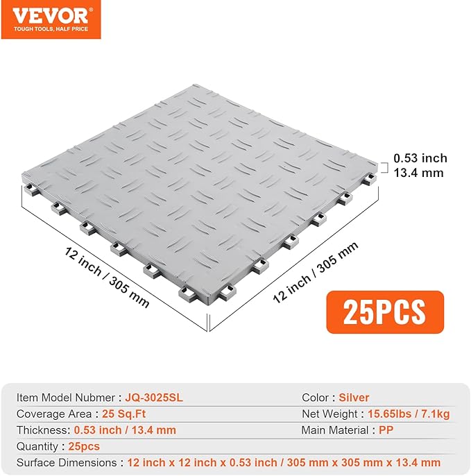 VEVOR Garage Tiles Interlocking, 12 x 12 x 0.53 inch 25 Pack Garage Floor Covering Tiles, Non-Slip Double-Sided Texture Garage Flooring Tiles, for Garages, Basements, Repair Shops, Silver