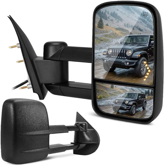 DWVO Towing Mirrors Compatible with 2015-2018 Sierra 2500 HD 3500 HD Tow Mirrors, 2014-2018 Silverado 1500, Heated LED Turn Signal Lights Power Telescoping Pair Set Black