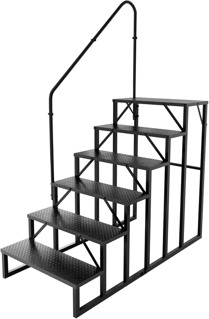 RV Steps with Handrail, Hot Tub Steps Outdoor, 6 Step Ladder Stool, RV Stairs with Anti-Slip Panel, Camper Steps for Spa, Travel Trailers, Pool and Porch