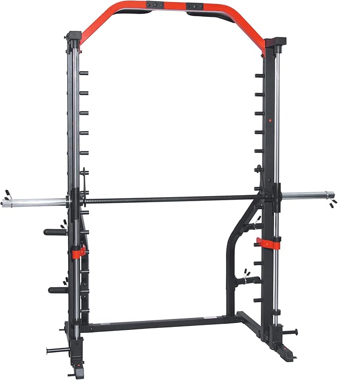 Sunny Health & Fitness Premium Smith Machine & Squat Cage Rack, Pull-Up Bar, Spotter Blocks for Weightlifting & Bench Press for Home Gym Strength Training