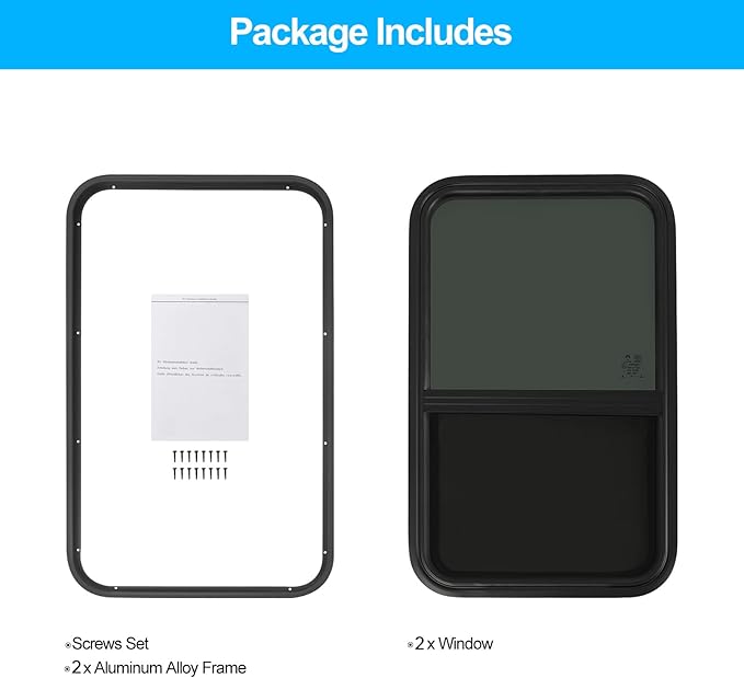 2 Pack 18" W x 30" H RV Window Vertical Sliding, DOT Certified - Shatterproof Tempered Tinted Glass, with Net Screen and Trim Ring, Teardrop Replacement Trailer Camper Window