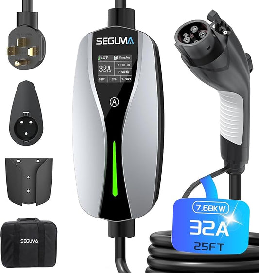 Level 2 EV Charger(32A, 240V, NEMA 14-50 Plug), Portable Electric Car Charger with 25ft Extension Cable, Adjustable Current, Home Outdoor Level 2 Mobile Electric Vehicle Charging Station