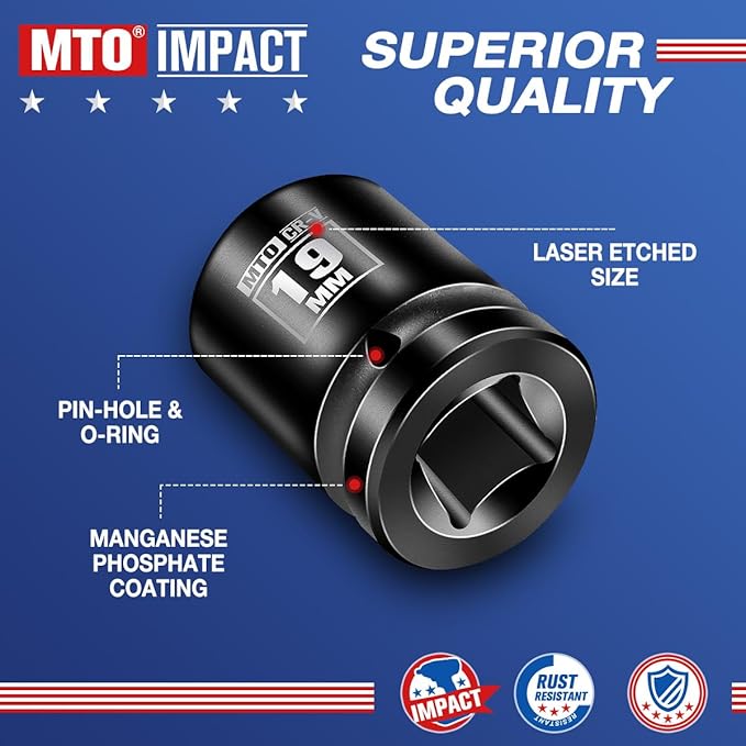 MTO 1/2" Drive 19mm Shallow Impact Socket, 6-Point Metric Socket for Automotive Maintaince, CR-V Steel Meets ANSI Standards