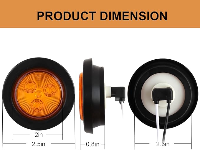 16Pcs 2" Inch Round Amber LED Trailer Side Marker Lights 4 LED, 2" Round Led Trailer Clearance Marker Lights with Grommets Wire Pigtail for Truck RV Flush Mount Waterproof Sealed