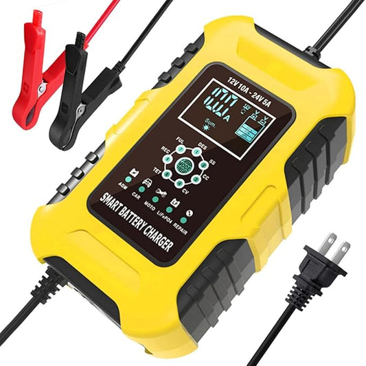 12V/24V 10-Amp Car Battery Quick Charger for Wet/GEL/SLA/LiFePO4/Lead-Acid/AGM Batteries, 7-Stage Multifunctional Battery Charger/Maintainer, for ATVs/Golf Cart/Motorcycle/Automobile/Marine etc