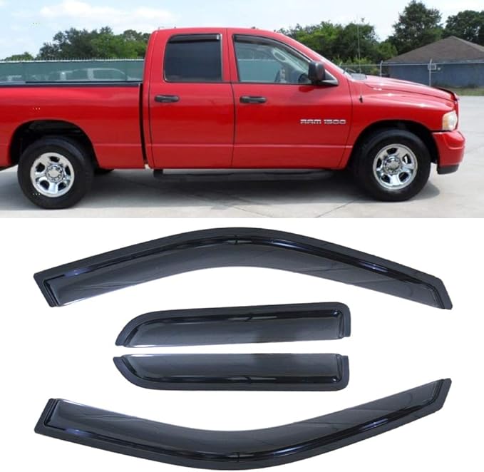 94101 Side Window Visor Wind Vent Deflector, 4pcs Out-Channel Tape-On Nice Rain Guards Set fit for 2009-2018 Dodge Ram 1500;2019 Ram 1500 Classic Extended Cab Quad Cab