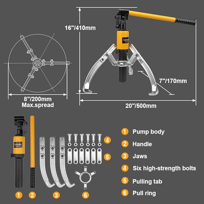 Hoteche 5-Ton Hydraulic Bearing Puller - Self-Contained Gear/Wheel Bearing Removal Tool | 2/3 Jaw Compatible | for Truck/Auto/Industrial Use