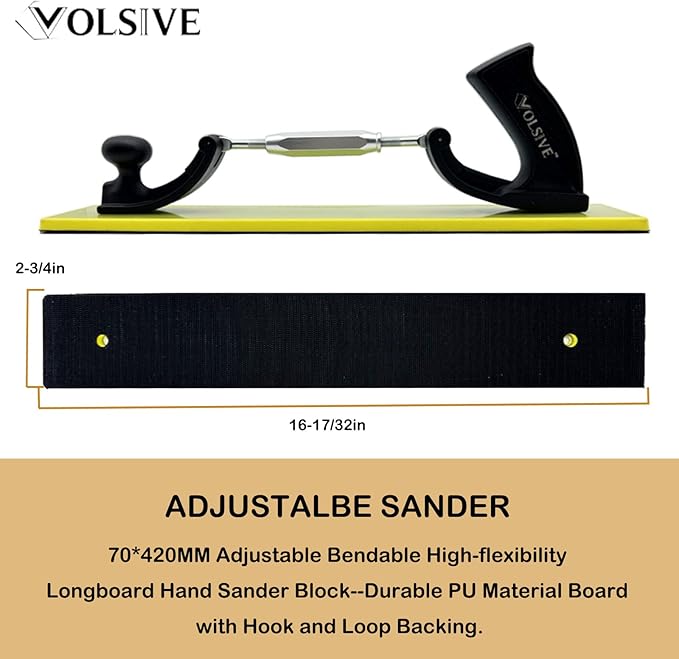 VOLSIVE Adjustable Sander Longboard Flexible Hand Sanding Blocks with Hook & Loop Backing Handle Sander, 7x42cm