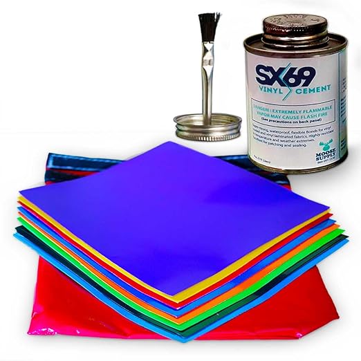 SX-69 Vinyl Repair Kit, Includes 4oz Adhesive Cement and 9 8-Inch Square Patches, for Repairing Inflatables, Waterproof, Tears, Punctures, Holes