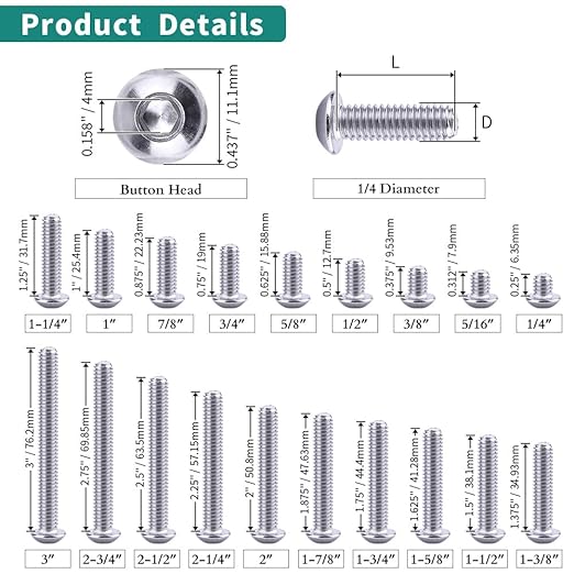 1/4-20 x 2-1/2" Button Head Socket Cap Bolts Screws, 304 Stainless Steel 18-8, Allen Hex Drive, Bright Finish, Fully Machine Thread, Pack of 20