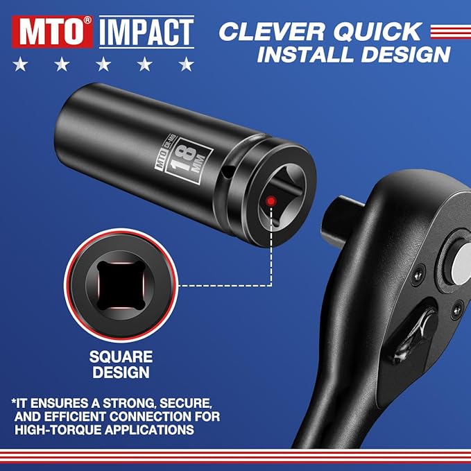 MTO 1/2" Drive 18mm Deep Impact Socket, 6 Pt. Metric Socket, CR-MO Steel & Anti-Corrosion Coating for Heavy-Duty Use