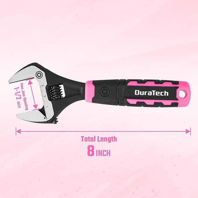 DURATECH 8-Inch Adjustable Wrench, Wide Jaw Opening Plumbing Wrench, CR-V Steel, SAE and Metric Scale Marked, Ergonomic Grip