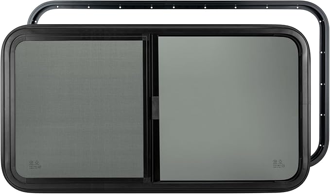 Dulepax Horizontal RV Window, 42" W x 22" H Tinted Slide Trailer Window, Tempered Glass Camper Window Replacement with Net Screen and Trim Ring, DOT Approved