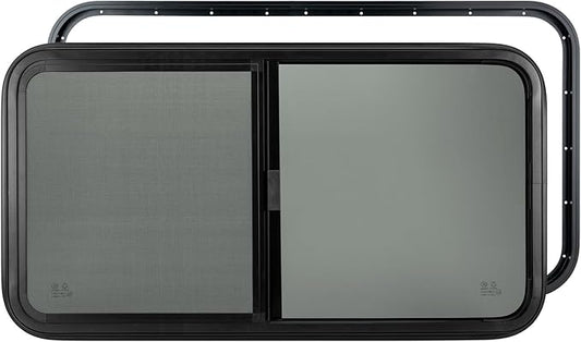 Dulepax Horizontal RV Window, 42" W x 22" H Tinted Slide Trailer Window, Tempered Glass Camper Window Replacement with Net Screen and Trim Ring, DOT Approved
