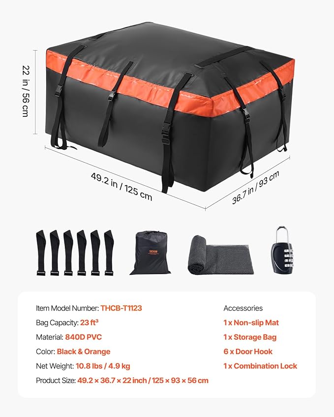 VEVOR Car Rooftop Cargo Carrier Bag, 23 Cubic Feet Roof Cargo Carrier, Heavy Duty 840D PVC 100% Waterproof Car Roof Luggage Bag for All Vehicle with/without Rack- with Lock, Anti-Slip Mat, 6 Door Hook