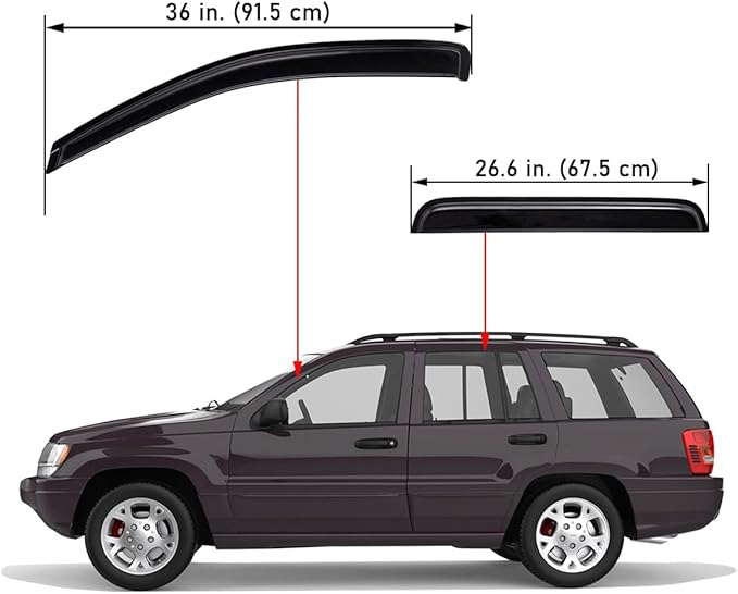 Lightronic Extra Durable Outside Mount Auto Vent Window Visor, Fits 1999-2004 Jeep Grand Cherokee, UV Protection Rain Guard, Original Wind Deflector, No-Drill Easy Install, Dark Smoke, 4-Pcs