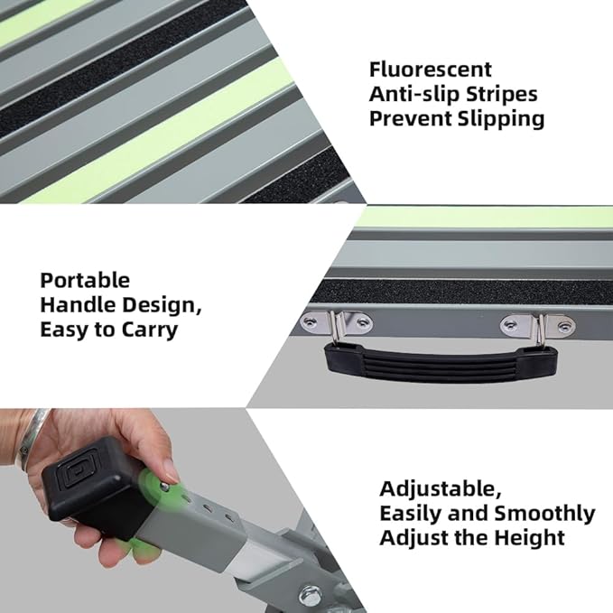 Homeon Wheels Iron RV Steps Adjustable Folding Step Stool with Non-Slip Rubber Feet, Stable Platform Supports 1000bs, Safety Strips, Handle, Easy Carry, Outdoor Camper Trailer Travel - Gray