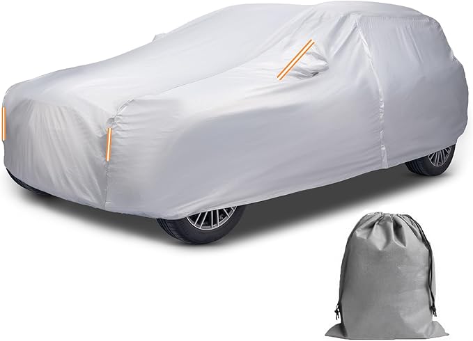 Caromop 10-Layer Waterproof Car Cover All Weather Protection (Snow, Rain, Sun) with Secure Fit Straps and Easy On/Off Zipper-Size S3 (See Size-Chart)