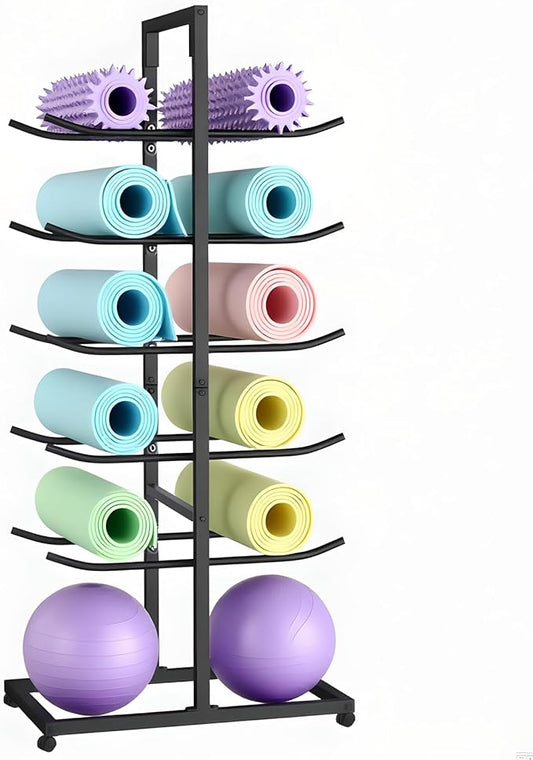 Yoga Mat Holder, Yoga Mat Storage Rack Floor-Standing, Home Gym Double Sided Foam Roller Holder Rack, Large Capacity Yoga Blocks Organizer Shelf on Wheels, 5 Tier Metal Rolling Cart (black, 5th floor)