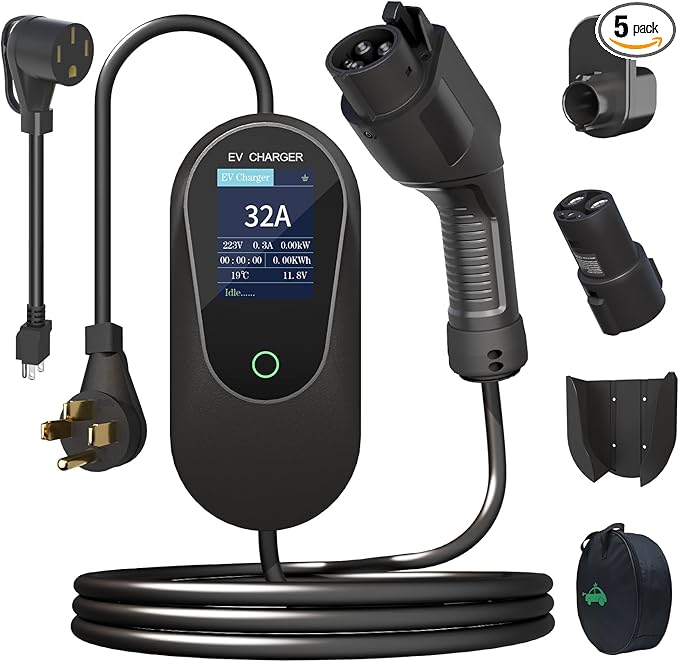 32 Amp Level 2 Portable EV Charger Station for SAE J1772 EV Cars (240 Volt, 25ft Cable), FCC and UL Certified, with NEMA 14-50 Plug,with 5-15 to 6-20 Plug, with J1772 to Tesla Adapter.