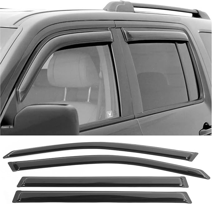 IKON MOTORSPORTS Tape On External Window Visor, Compatible with 2003-2008 Honda Pilot, Slim Style Acrylic Black Sun Rain Wind Guards Cover 4Pcs Set