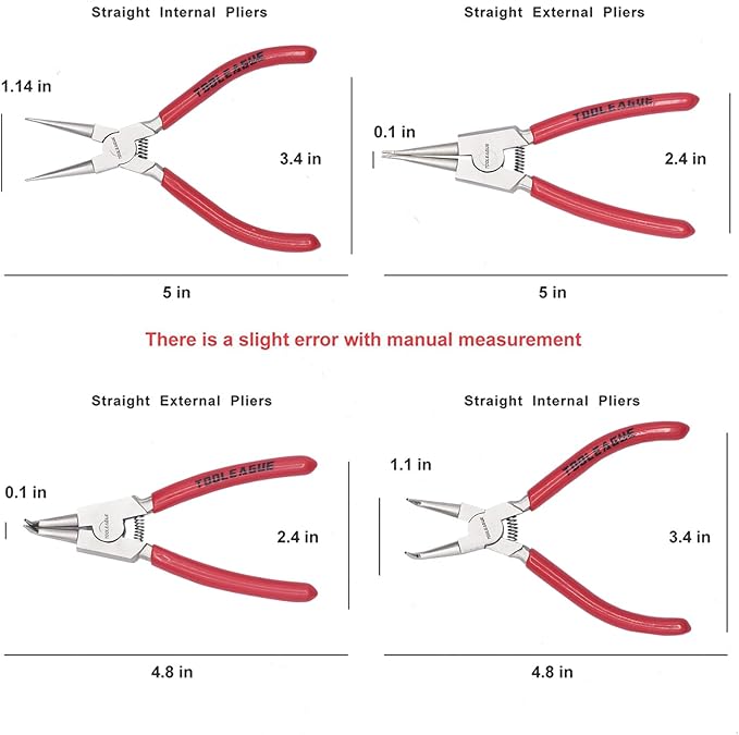 TOOLEAGUE 4 Pcs Mini Snap Ring Pliers Set, Circlip Pliers, 5 inches Internal/External Heavy Duty for Ring Remover Retaining Straight Bent Lock Ring Pliers Set