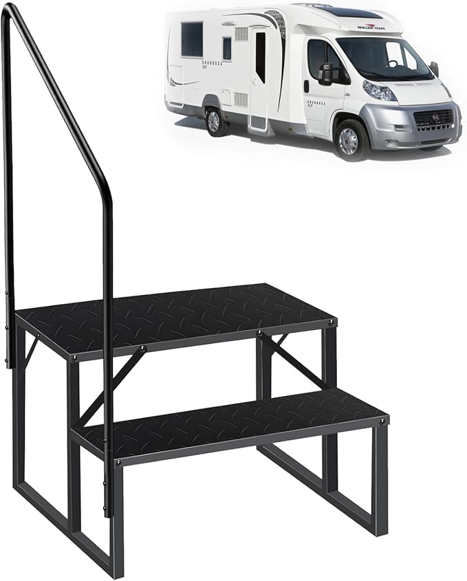 RV Steps with Handrail｜2 Step RV Stairs with Handrail｜Update 3.0 Outdoor RV Ladders with Anti-Slip Pedals｜Mobile Home Stairs for Travel Trailers｜Heavy Duty Camper Steps for Camper, Porch, Spa