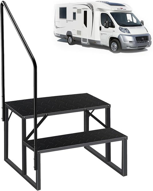 RV Steps with Handrail｜2 Step RV Stairs with Handrail｜Update 3.0 Outdoor RV Ladders with Anti-Slip Pedals｜Mobile Home Stairs for Travel Trailers｜Heavy Duty Camper Steps for Camper, Porch, Spa
