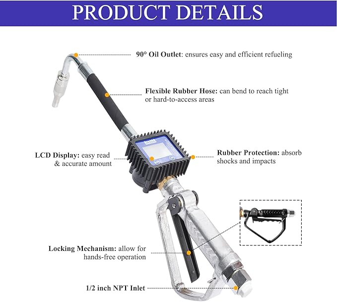 Digital Oil Control Valve Meter Dispenser, with 1/2" NPT Inlet, Digital Oil Control Valve Meter Nozzle Gun, with LCD Display, Air Operated Oil Control Valve Gun, for engine oil etc