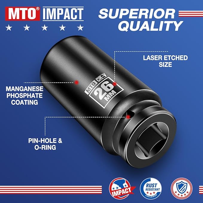 MTO 1/2" Drive 26mm Deep Impact Socket, 6-Point Metric Socket for Automotive Maintaince, CR-V Steel Meets ANSI Standards
