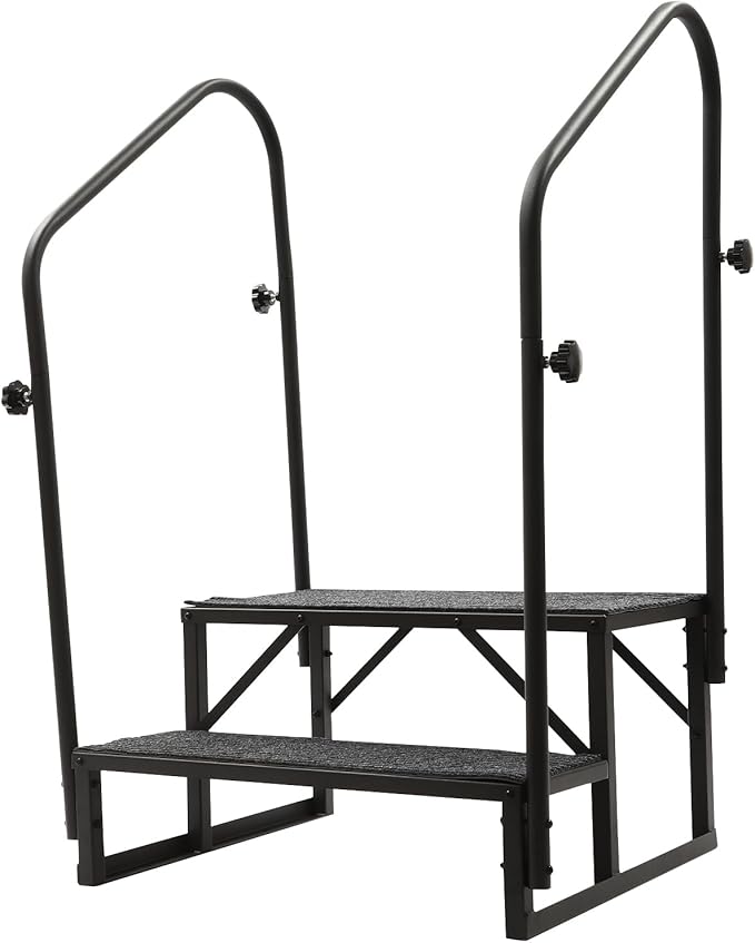 RV Steps with Two handrails, 2 Steps Mobile Home Stairs Steps Outdoor, Hot Tub Steps with handrail, Portable Stairs for Travel Trailer Camper with 2Pcs Non-Slip Step Mats