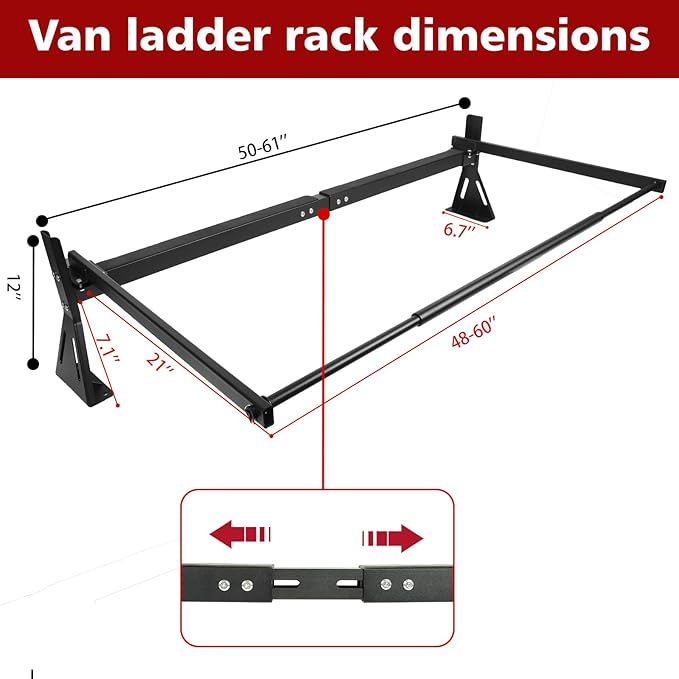 hightall Van Ladder Rack with Roller,Adjustable Length 50-61" Van Roof Rack with Cargo Stoppers,Compatible with Ford Transit150/250/350