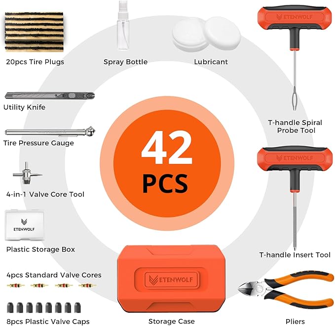 ETENWOLF Tire Repair Kit 42 Pcs, Heavy Duty Tire Plug Kit to Fix Punctures, Tire Repair Tool with Plugs for Car, Motorcycle, ATV, Jeep, Truck, Tractor, Vivid Orange