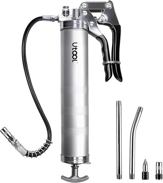 UTOOL Grease Gun, 8000 PSI Heavy Duty Pistol Grip Grease Gun Kit with 14 oz Capacity, 18 Inch Resin Flex Hose, 2 Basic Coupler, 2 Extension Rigid Pipe and 1 Sharp Type Nozzle, Silver