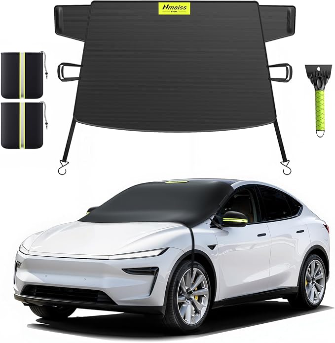Windshield Snow Cover for Ice & Snow Frost Tesla Model Y/Model 3 — Tailored 3-in-1 Frost & Ice Shield with Mirror Covers & Ice Scraper, Waterproof 600D Oxford + Windproof Design Large Size