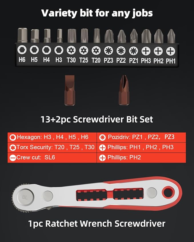 ROTATION 16pc Bit Set with 1/4 Mini Ratchet Offset Right Angle Screwdriver, Reversible Drive Handle, EDC Tool for Tight Spaces Automotive, Electronics & DIY Repair