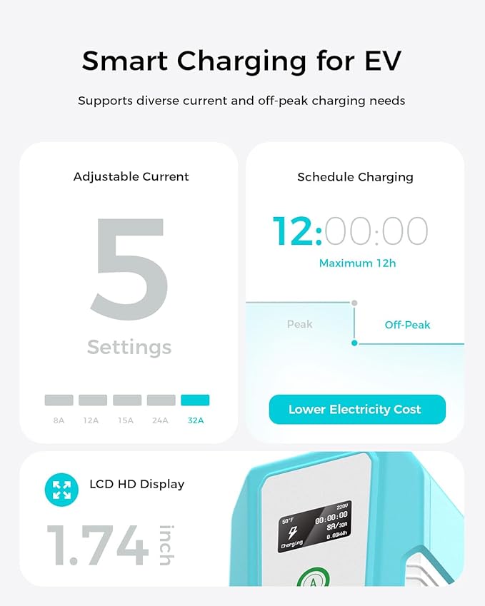 Electric Vehicle Charger Level 2 & Level 1, 32Amp 110V-240V Schedule Timer 20ft Cable Portable EV Home Charging Station, 8A-32A Adjustable Current Compatible with All SAE J1772 EVs