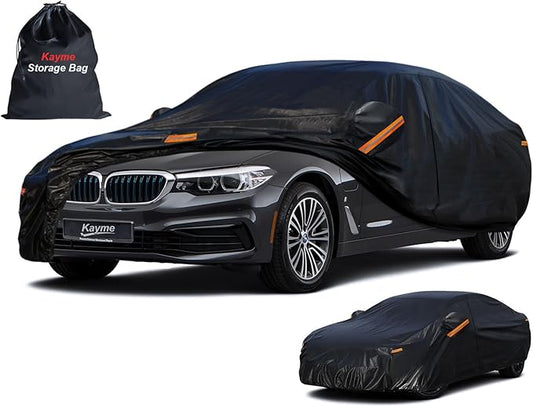 Kayme 7 Layers Heavy Duty Car Cover Waterproof All Weather, Full Exterior Cover Outdoor Snow Sun Uv Protection with Zipper for Automobiles, Universal Fit for Sedan (194-208 inch)
