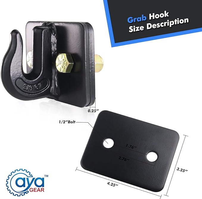 2 Pack 3/8-in Bolt On Grab Hook Mount with Backer Plate Grab Hook Grade 70 Forged Steel Tow Hook Work Well for Loader, Tractor Bucket, RV, UTV,Truck (Black)