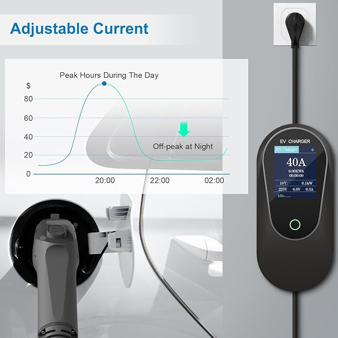 40 Amp Level 2 / Level 1 Portable EV Charger Station for SAE J1772 EV Cars (240 Volt, 25ft Cable), FCC and UL Certified, with NEMA 14-50 Plug and 5-15 to 6-20 Plug Options and J1772 to Tesla Adapter