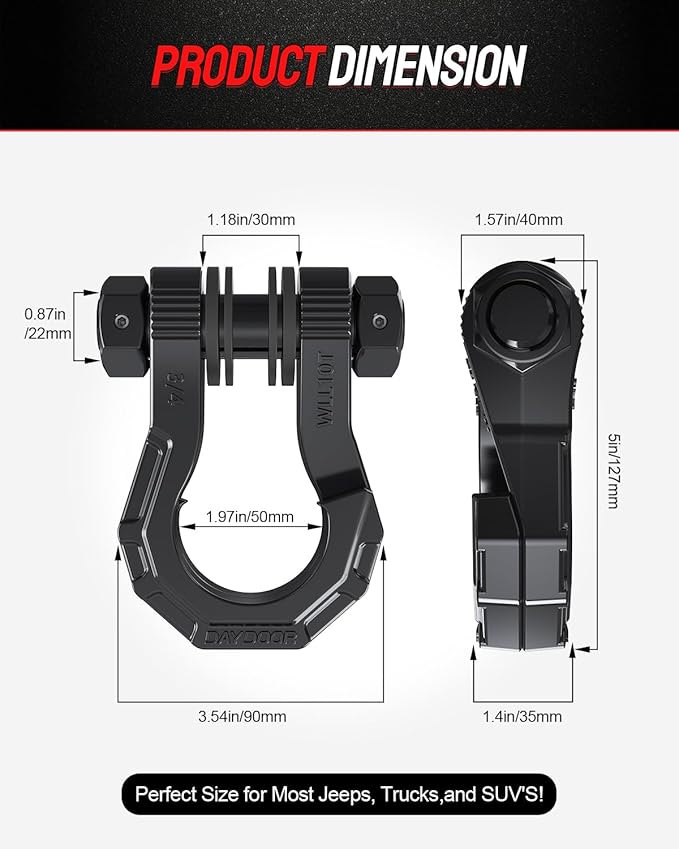 DAYDOOR 3/4" D Ring Shackles, Heavy Duty D Ring Shackles with 7/8 Pin, 45,000 lbs Break Strength Easy Open Towing Shackle for Off-Road Recovery, Winch, Trucks, Jeep, SUV & ATV (2 Pack) (Black)