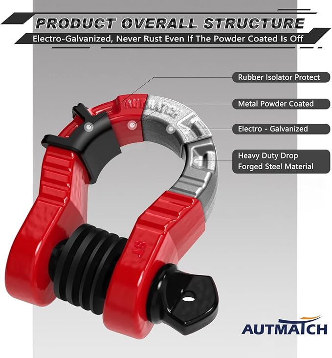 AUTMATCH D Ring Shackles 3/4" Mega Shackle (2 Pack) 68,000Ibs Break Strength - Heavy Duty Clevis Shackle 7/8" Screw Pin & Isolator Washer for Tow Strap Winch Off Road Vehicle Recovery, Red & Black