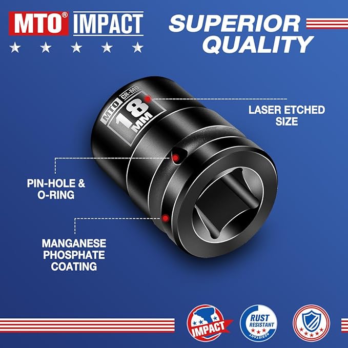 MTO 1/2" Drive 18mm Shallow Impact Socket, 6-Point Metric Socket, CR-MO Steel & Anti-Corrosion Coating for Tight Spaces and Heavy-Duty Tasks