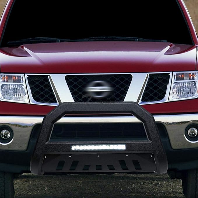 Textured Black AVT Style Aluminum LED Light Bull Bar Brush Push Front Bumper Grill Grille Guard with Skid Plate Compatible with 05-07 Jeep Grand Cherokee / 06-10 Commander