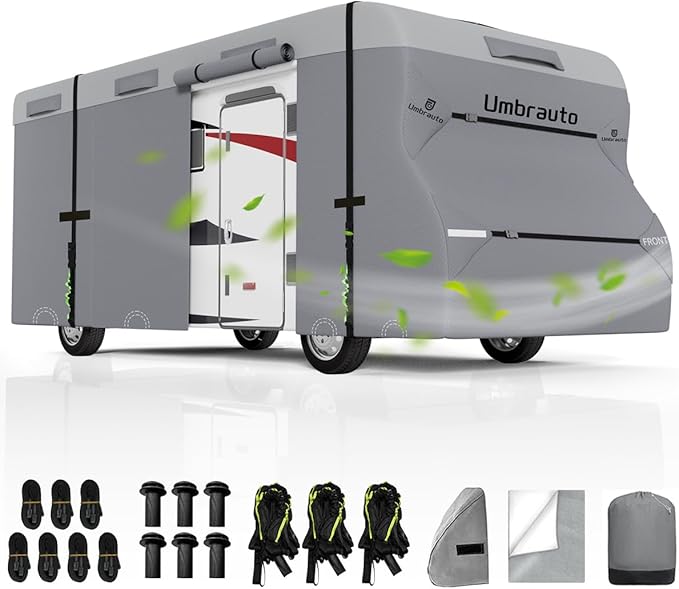 Umbrauto Class C RV Cover Upgraded 7 Layers Anti-UV Top Panel Motorhome Cover Windproof Camper Cover Fits 20' to 23' Motorhome with 2Pcs Extra Straps, Adhesive Repair Patches, 6 Gutter Covers